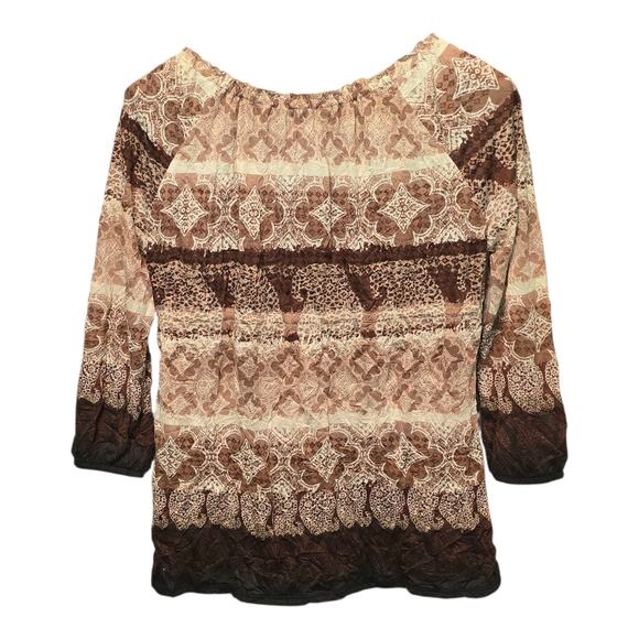 LizWear Earthy Boho Womens Top Size Medium Brown Leopard Paisley Geometric Print - Picture 2 of 10